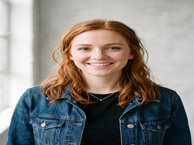 The red-haired woman in a denim jacket this sample was made from